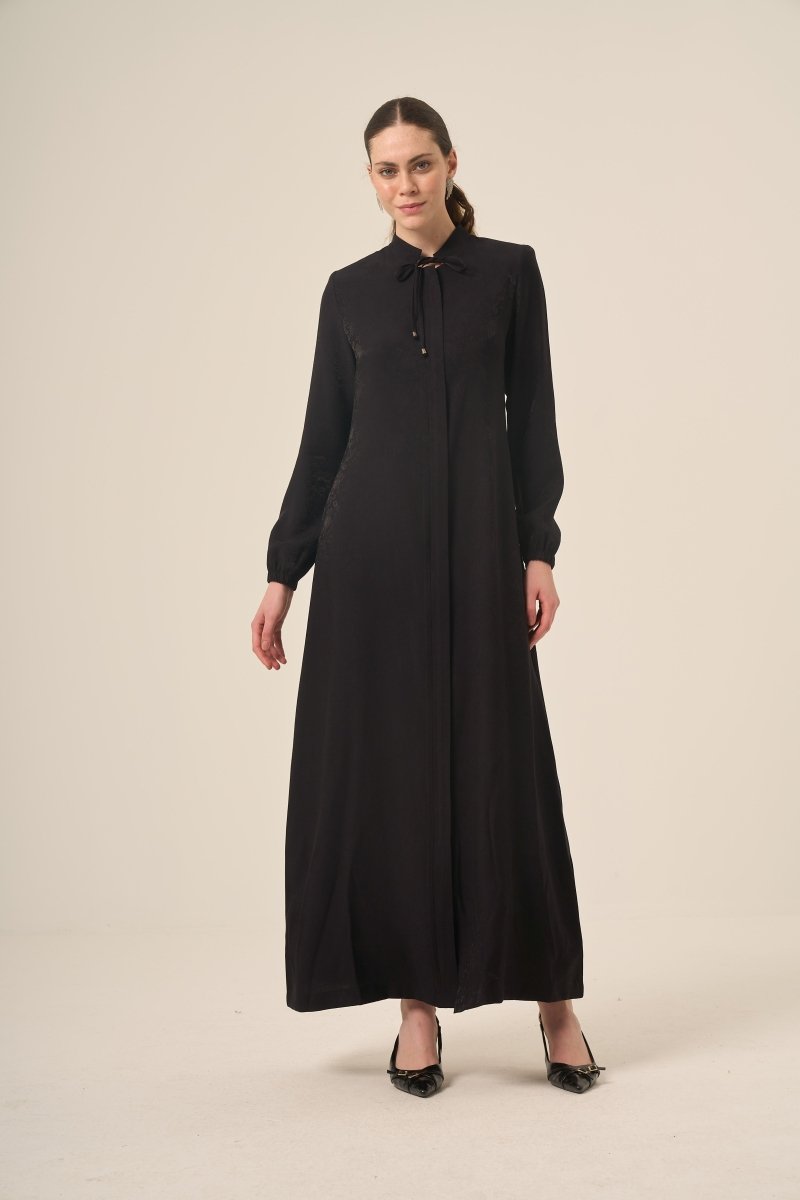 Black Jacquard Floral Patterned Zip - Up Abaya 6137 Black - ihvan