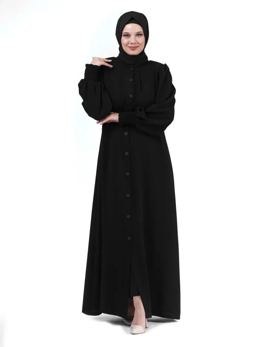 Black Mandarin Collar Buttoned Pleated Ribbed Sleeve Hijab Abaya 24353 - ihvan