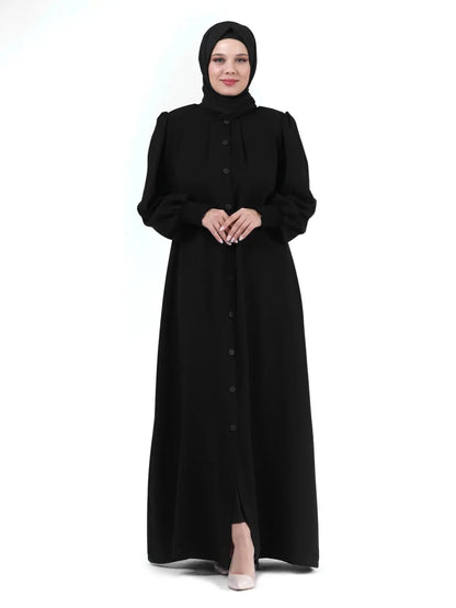 Black Mandarin Collar Buttoned Pleated Ribbed Sleeve Hijab Abaya 24353 - ihvan