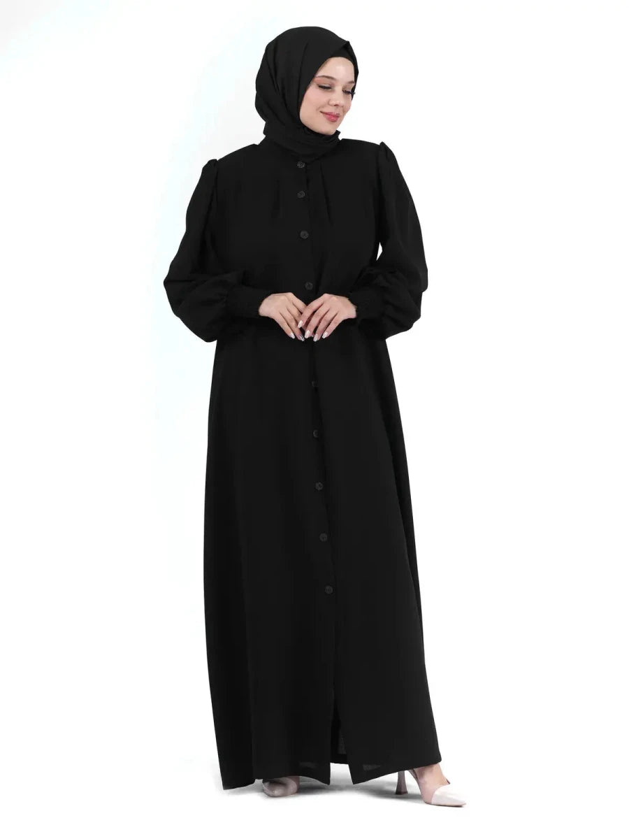 Black Mandarin Collar Buttoned Pleated Ribbed Sleeve Hijab Abaya 24353 - ihvan
