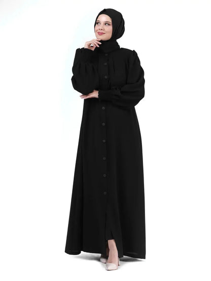 Black Mandarin Collar Buttoned Pleated Ribbed Sleeve Hijab Abaya 24353 - ihvan