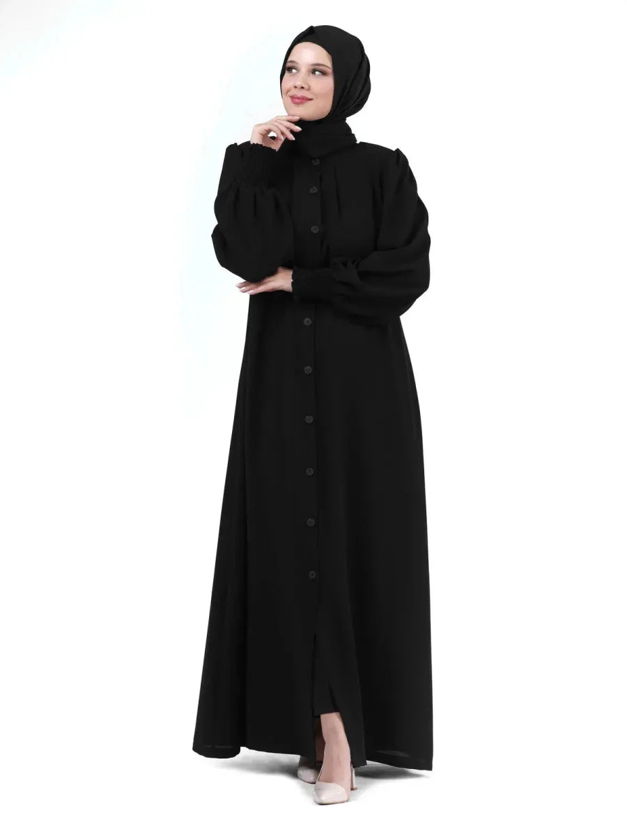 Black Mandarin Collar Buttoned Pleated Ribbed Sleeve Hijab Abaya 24353 - ihvan