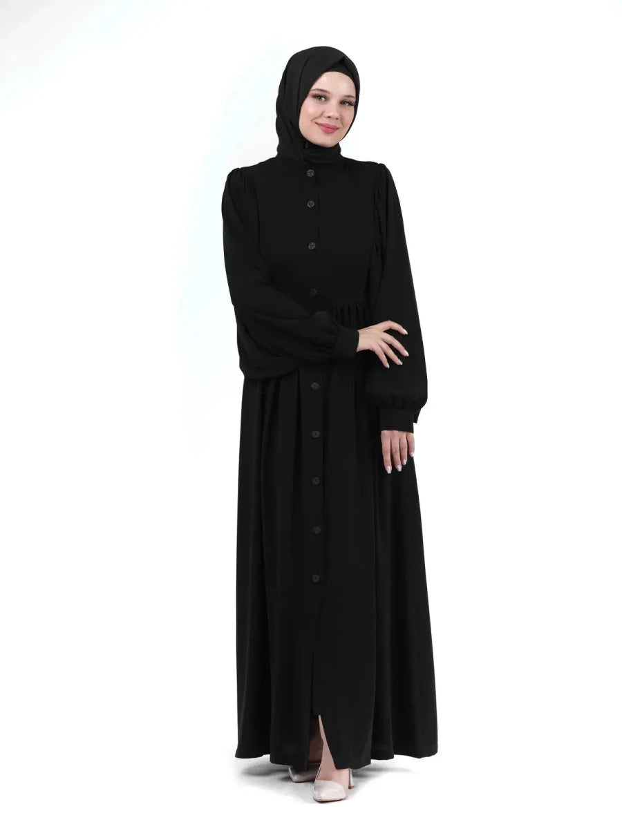 Black Mandarin Collar Buttoned Watermelon Sleeve Hijab Abaya 24351 - ihvan