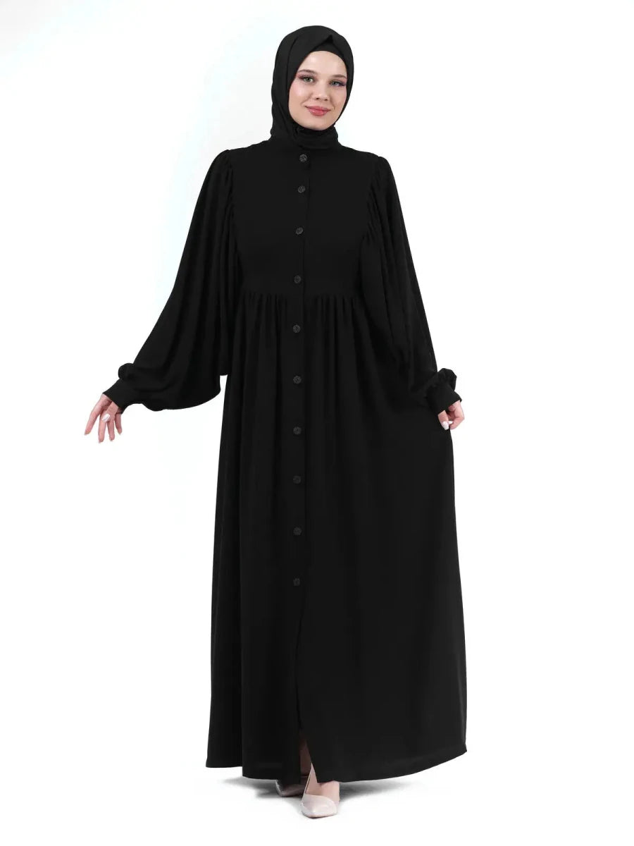 Black Mandarin Collar Buttoned Watermelon Sleeve Hijab Abaya 24351 - ihvan