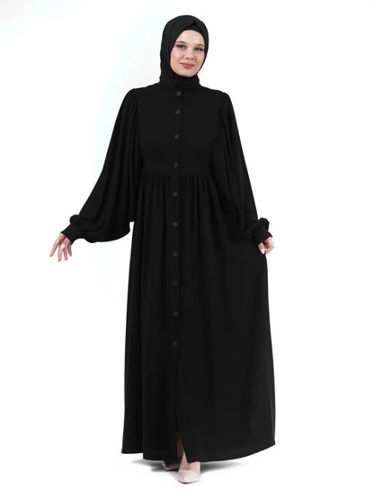 Black Mandarin Collar Buttoned Watermelon Sleeve Hijab Abaya 24351 - ihvan