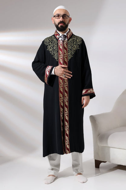 Black Mandarin Collar Men's Prayer Robe with Striped Embroidery - Imam Robe - ihvan