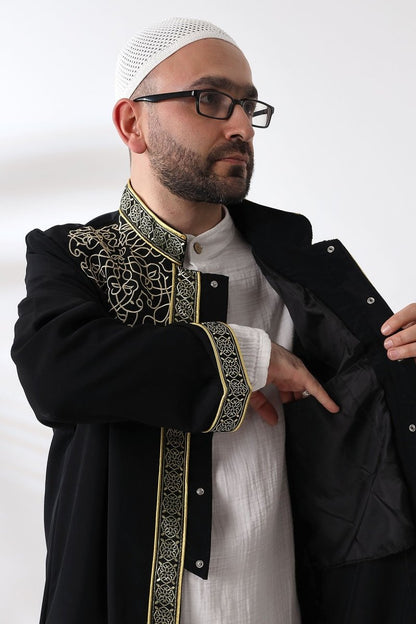 Black Mandarin Collar Men's Prayer Robe with Striped Embroidery - Imam Robe - ihvan