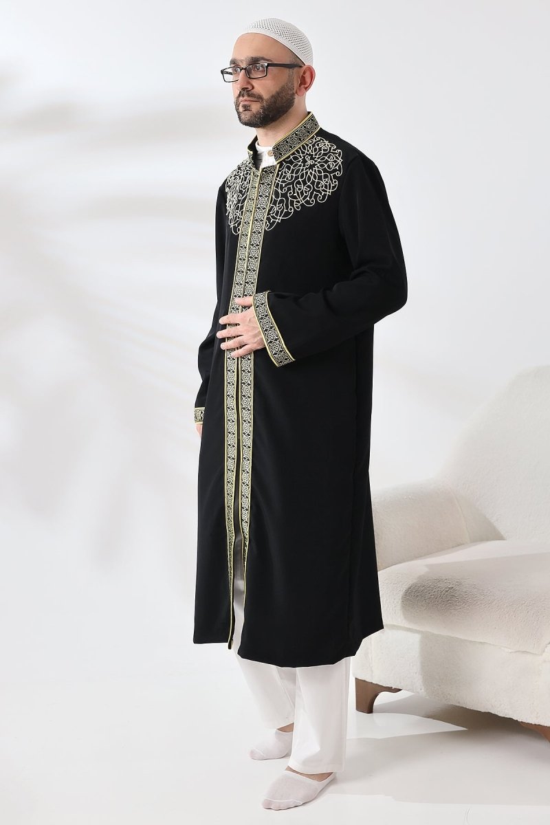 Black Mandarin Collar Men's Prayer Robe with Striped Embroidery - Imam Robe - ihvan