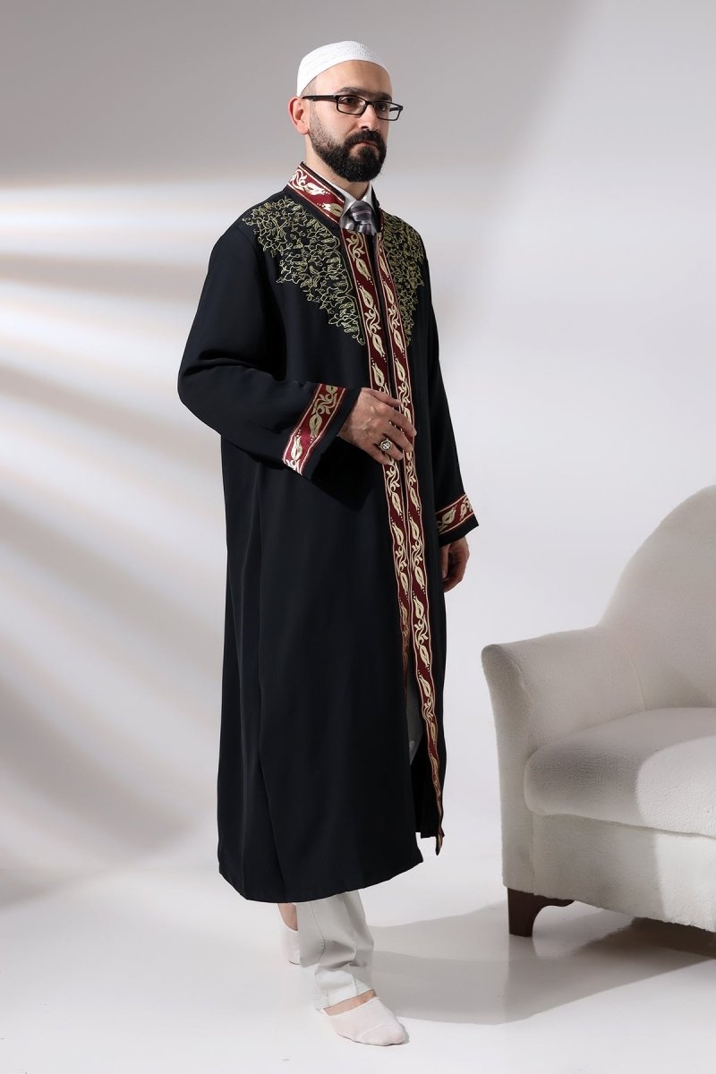 Black Mandarin Collar Men's Prayer Robe with Striped Embroidery - Imam Robe - ihvan