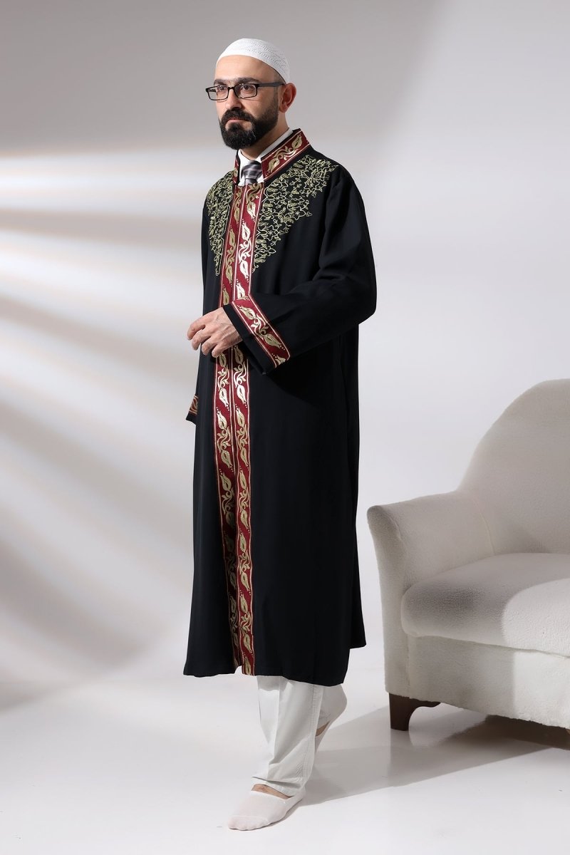 Black Mandarin Collar Men's Prayer Robe with Striped Embroidery - Imam Robe - ihvan