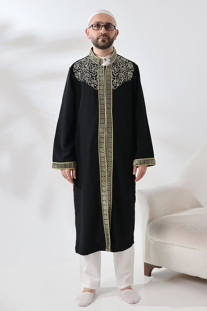 Black Mandarin Collar Men's Prayer Robe with Striped Embroidery - Imam Robe - ihvan