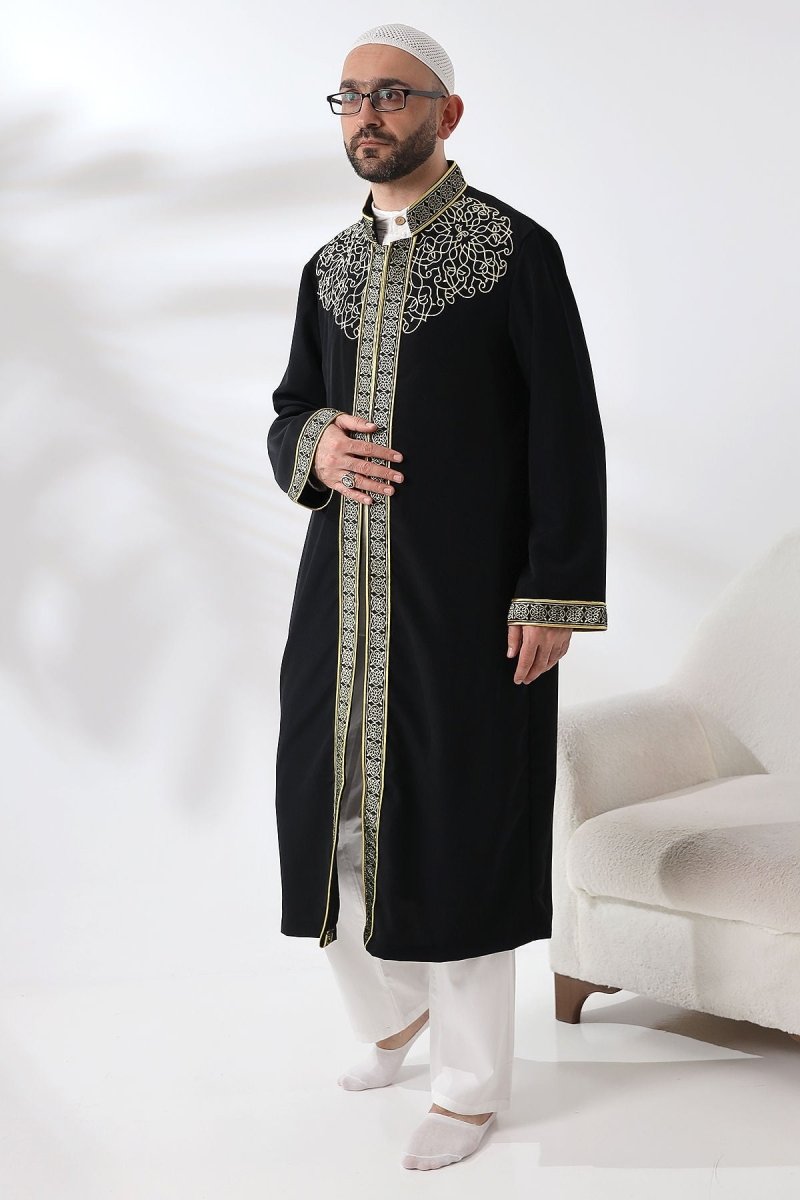 Black Mandarin Collar Men's Prayer Robe with Striped Embroidery - Imam Robe - ihvan