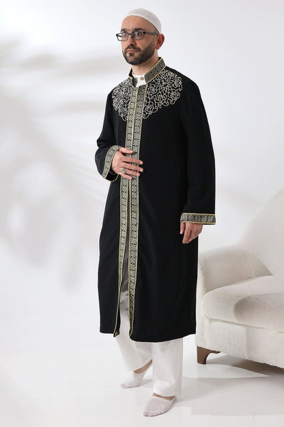 Black Mandarin Collar Men's Prayer Robe with Striped Embroidery - Imam Robe - ihvan