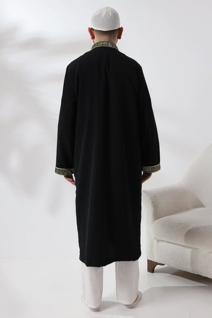 Black Mandarin Collar Men's Prayer Robe with Striped Embroidery - Imam Robe - ihvan
