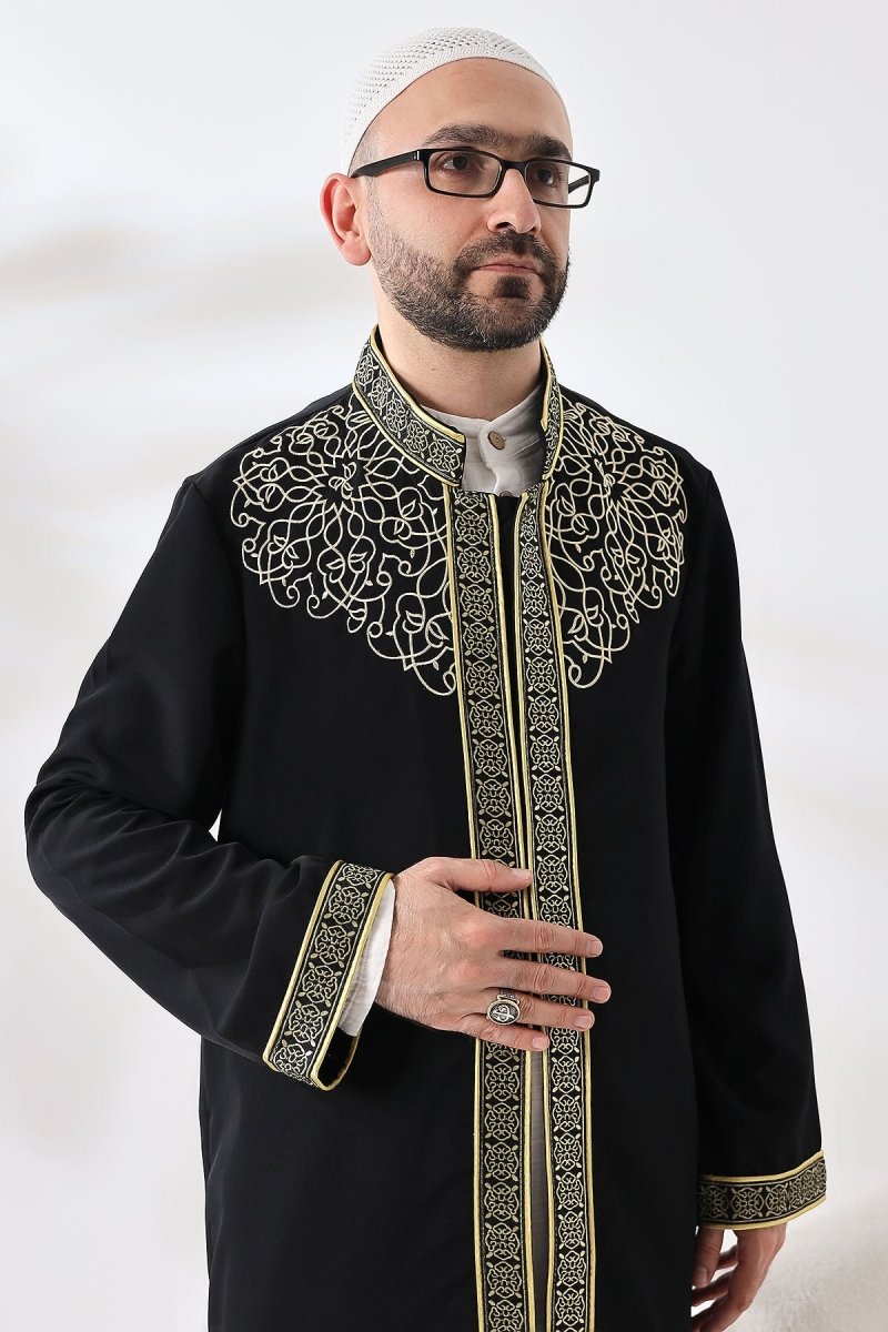 Black Mandarin Collar Men's Prayer Robe with Striped Embroidery - Imam Robe - ihvan