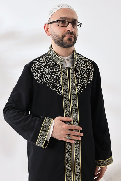 Black Mandarin Collar Men's Prayer Robe with Striped Embroidery - Imam Robe - ihvan