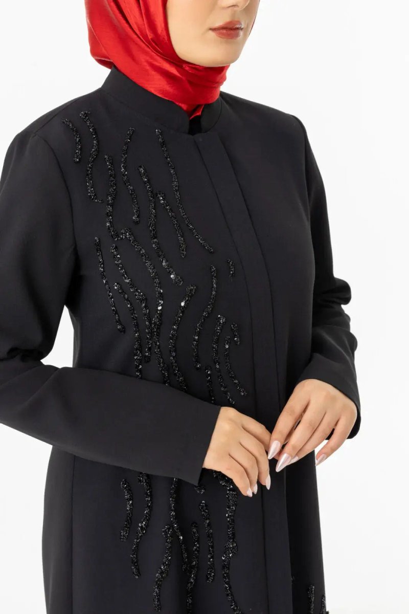 Black Mandarin Collar Zippered Silicone Stone Printed Hijab Abaya 5511 - 25 - ihvan