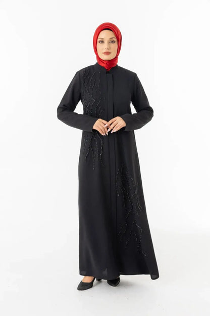 Black Mandarin Collar Zippered Silicone Stone Printed Hijab Abaya 5511 - 25 - ihvan