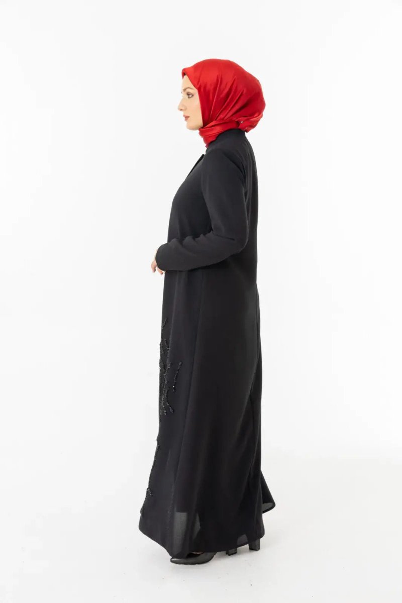Black Mandarin Collar Zippered Silicone Stone Printed Hijab Abaya 5511 - 25 - ihvan