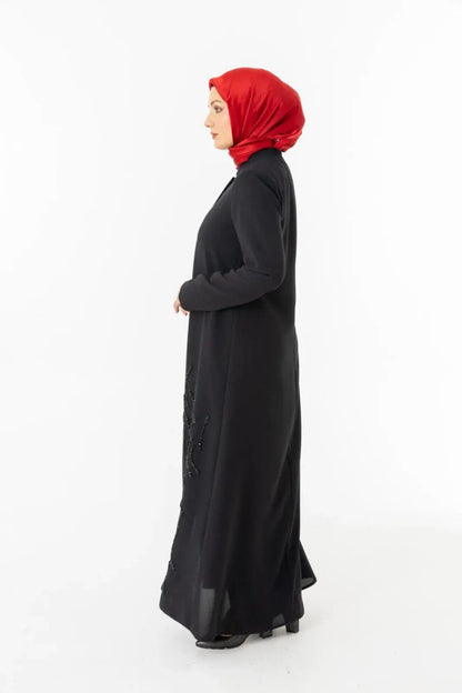 Black Mandarin Collar Zippered Silicone Stone Printed Hijab Abaya 5511 - 25 - ihvan