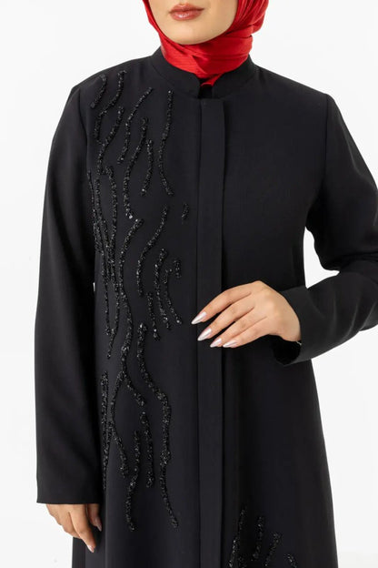 Black Mandarin Collar Zippered Silicone Stone Printed Hijab Abaya 5511 - 25 - ihvan