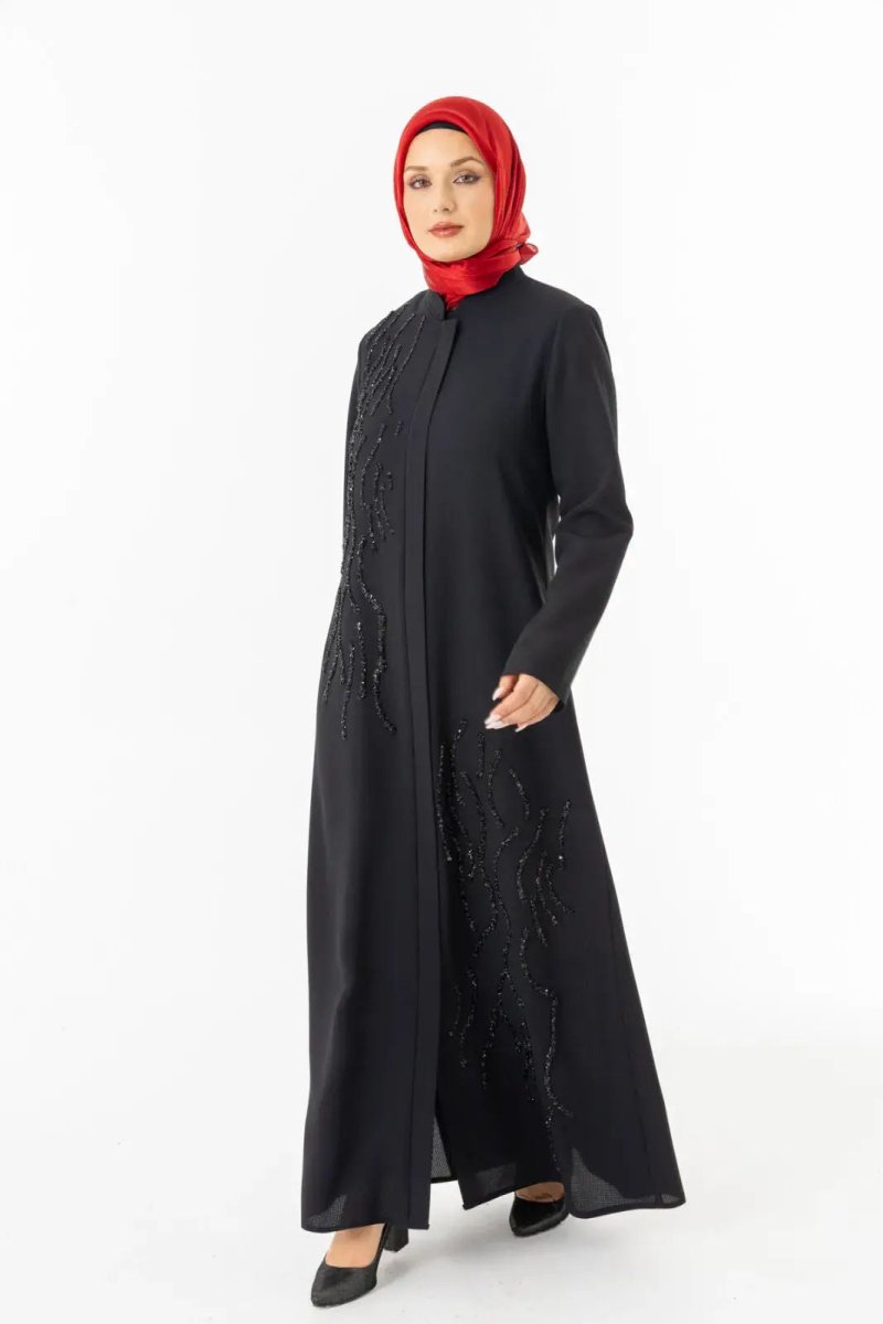 Black Mandarin Collar Zippered Silicone Stone Printed Hijab Abaya 5511 - 25 - ihvan