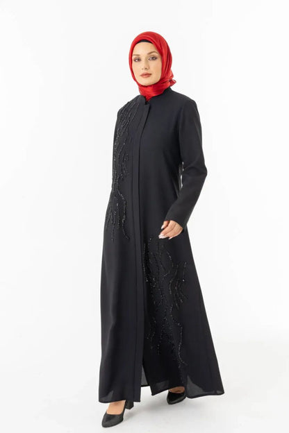 Black Mandarin Collar Zippered Silicone Stone Printed Hijab Abaya 5511 - 25 - ihvan