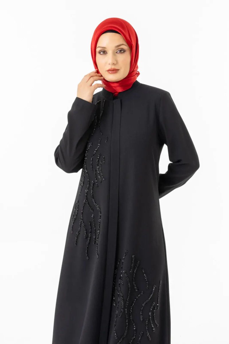 Black Mandarin Collar Zippered Silicone Stone Printed Hijab Abaya 5511 - 25 - ihvan