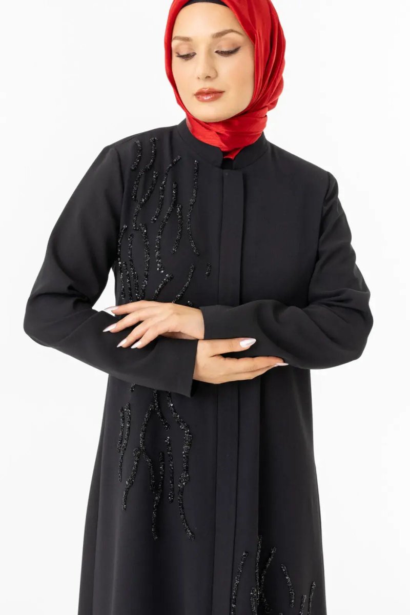 Black Mandarin Collar Zippered Silicone Stone Printed Hijab Abaya 5511 - 25 - ihvan