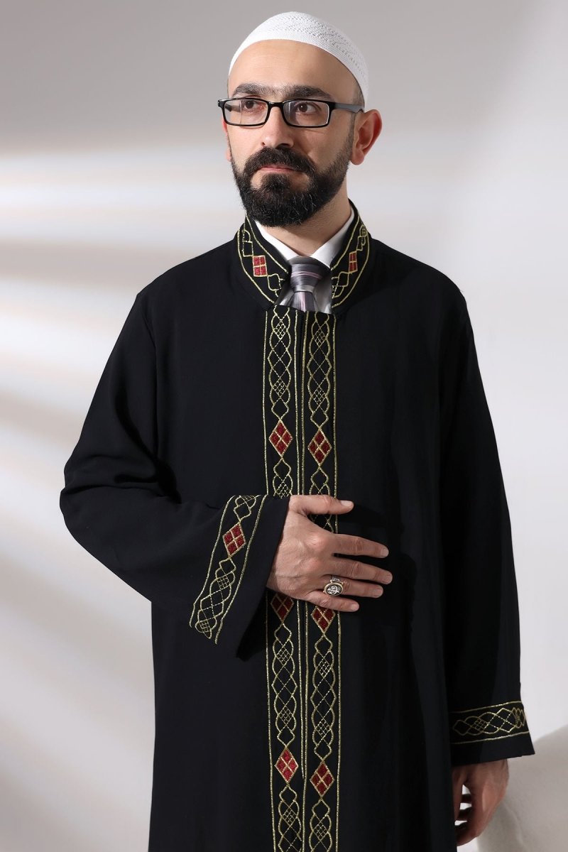 Black Men's Prayer Robe with Embroidered Pattern and Mandarin Collar - ihvan