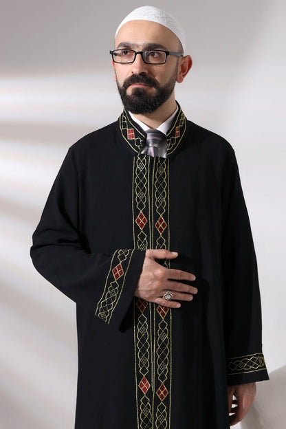 Black Men's Prayer Robe with Embroidered Pattern and Mandarin Collar - ihvan