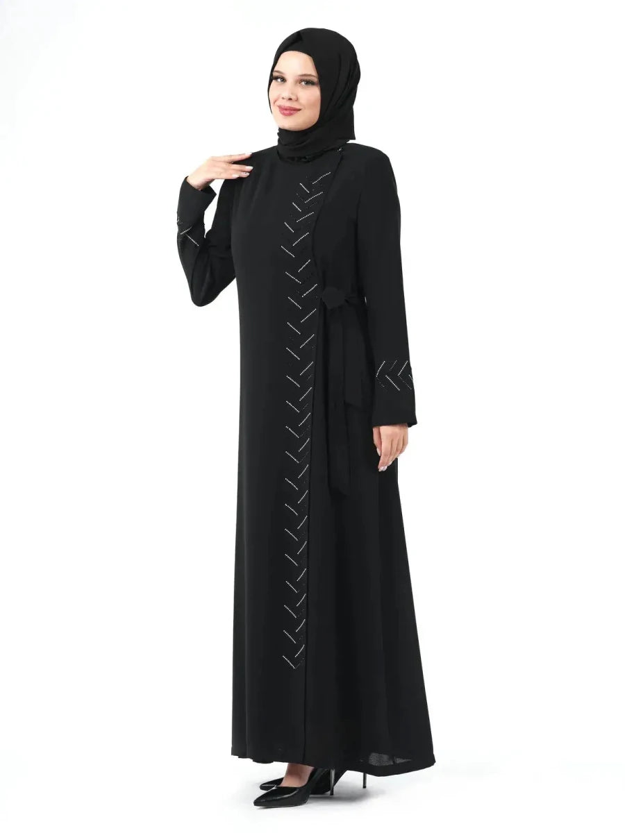 Black One-Piece Zippered Tie-Up Hijab Abaya with Stone Details 24209 - ihvan
