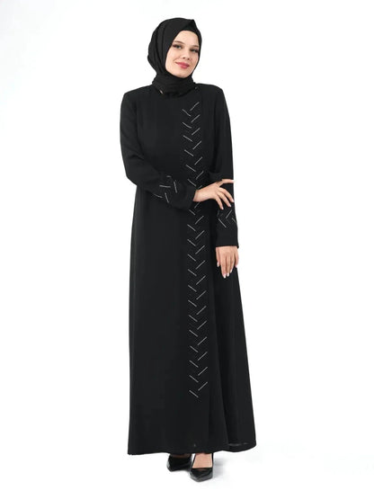 Black One-Piece Zippered Tie-Up Hijab Abaya with Stone Details 24209 - ihvan
