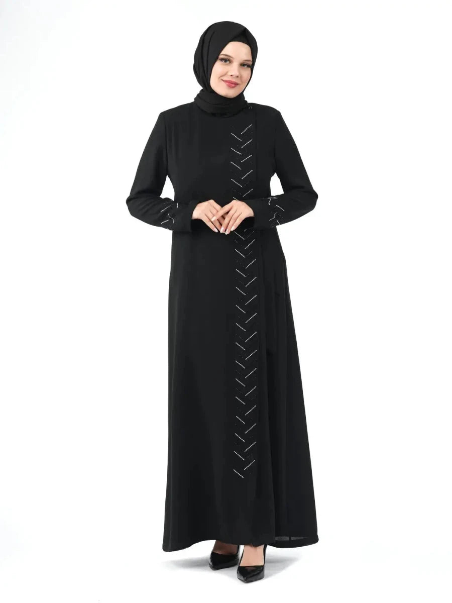 Black One-Piece Zippered Tie-Up Hijab Abaya with Stone Details 24209 - ihvan