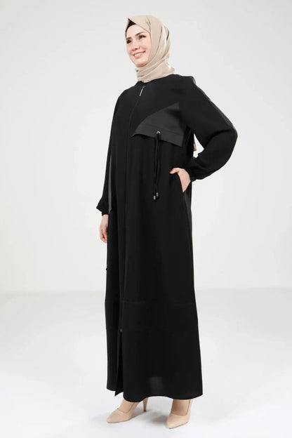 Black Satin Trimmed Zippered Round Neck Hijab Abaya 9203 - 25 - ihvan