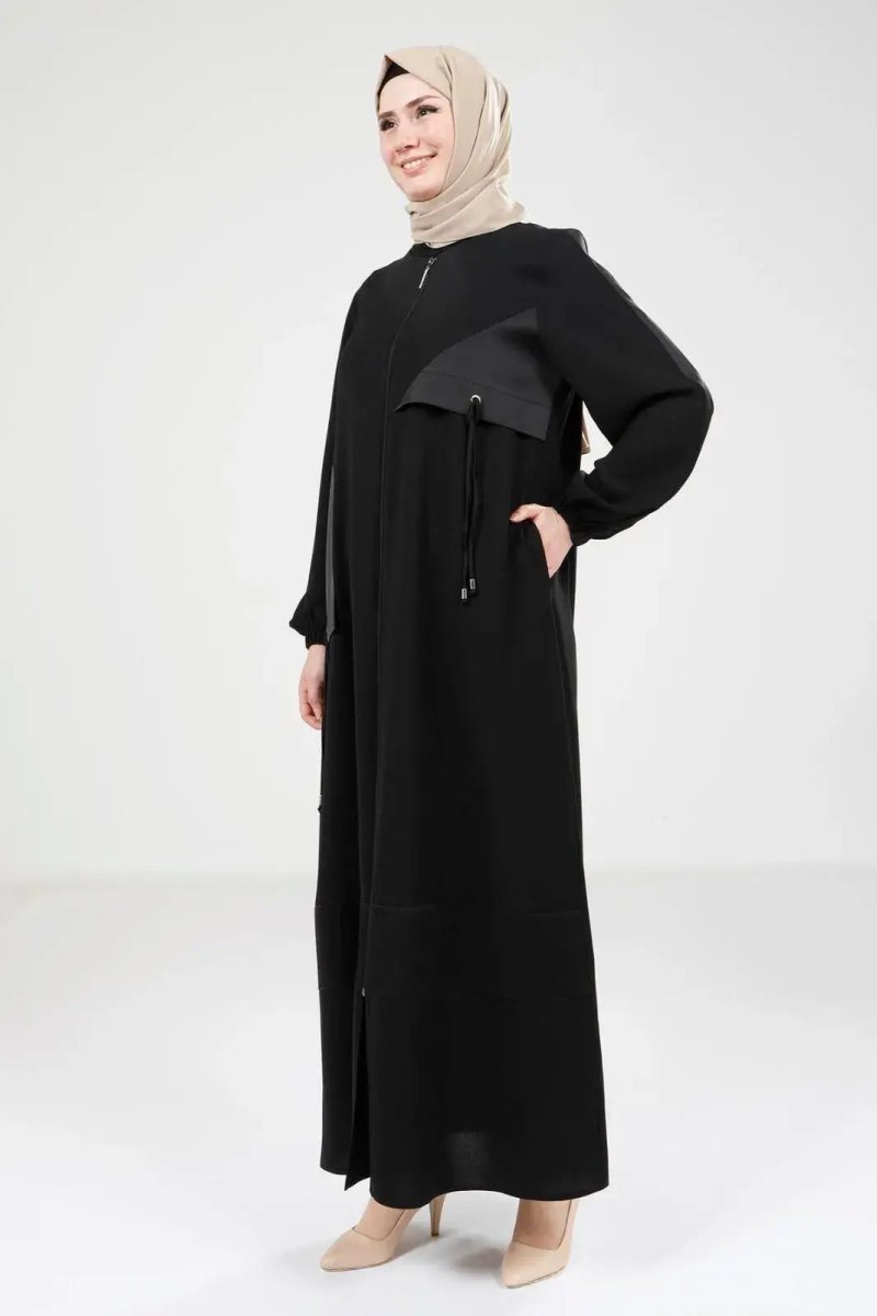 Black Satin Trimmed Zippered Round Neck Hijab Abaya 9203 - 25 - ihvan