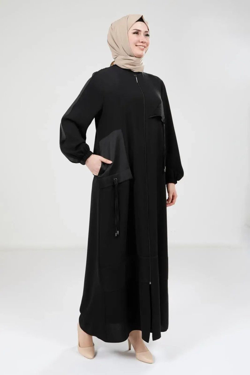 Black Satin Trimmed Zippered Round Neck Hijab Abaya 9203 - 25 - ihvan