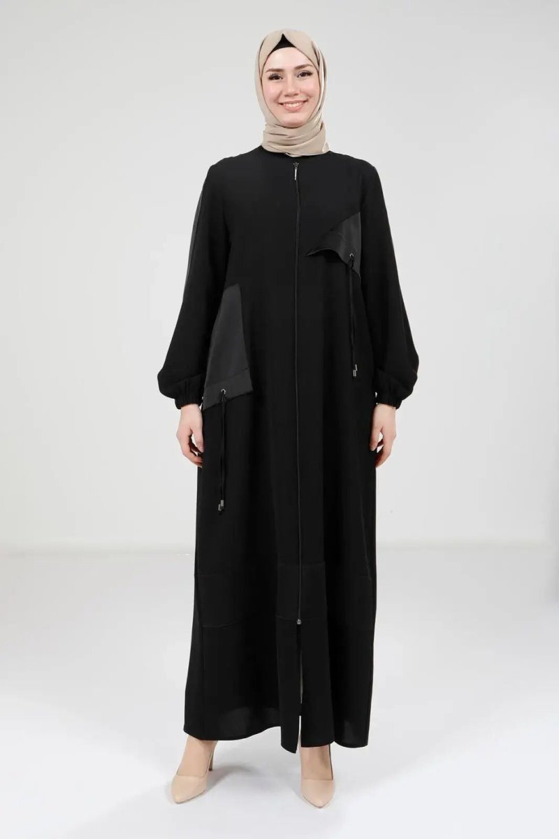 Black Satin Trimmed Zippered Round Neck Hijab Abaya 9203 - 25 - ihvan