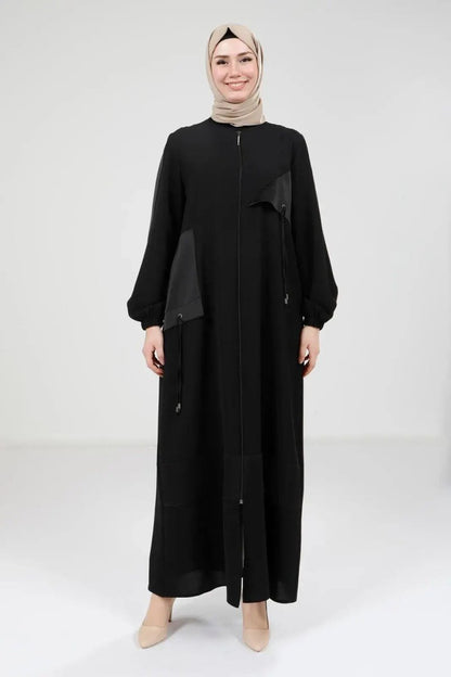 Black Satin Trimmed Zippered Round Neck Hijab Abaya 9203 - 25 - ihvan