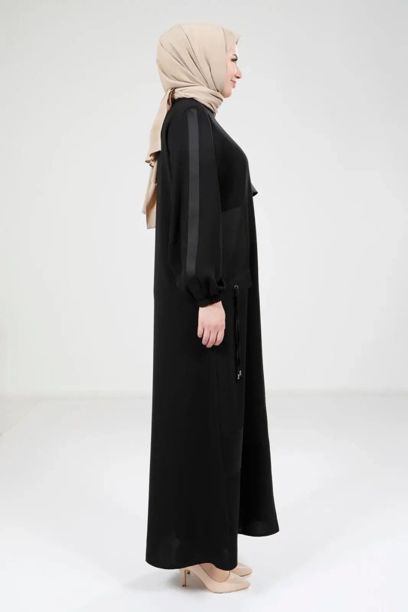 Black Satin Trimmed Zippered Round Neck Hijab Abaya 9203 - 25 - ihvan