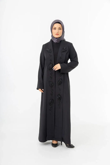 Black Shawl Collar Hand Embroidered Two - Piece Abaya 5514 - 25 - ihvan