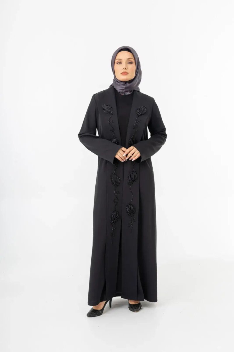 Black Shawl Collar Hand Embroidered Two - Piece Abaya 5514 - 25 - ihvan