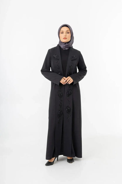 Black Shawl Collar Hand Embroidered Two - Piece Abaya 5514 - 25 - ihvan