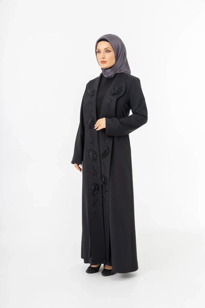 Black Shawl Collar Hand Embroidered Two - Piece Abaya 5514 - 25 - ihvan
