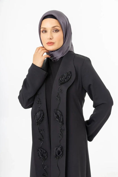 Black Shawl Collar Hand Embroidered Two - Piece Abaya 5514 - 25 - ihvan