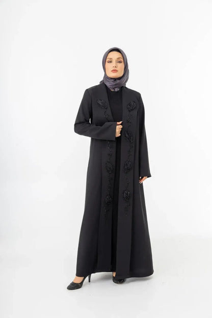 Black Shawl Collar Hand Embroidered Two - Piece Abaya 5514 - 25 - ihvan