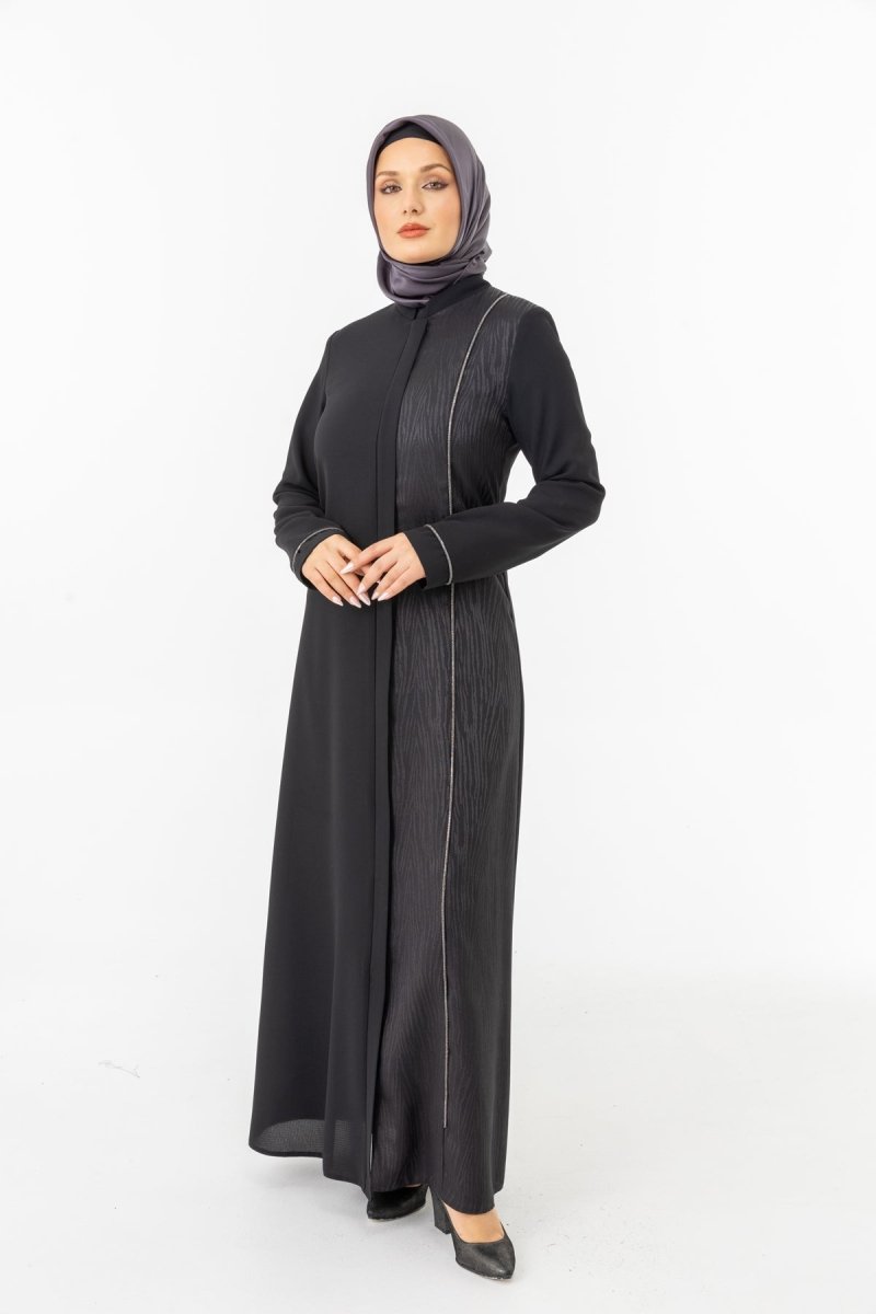 Black Single - Sided Jacquard Mandarin Collar Hidden Zipper Modest Abaya ZRNY 5505 - 25 - ihvan