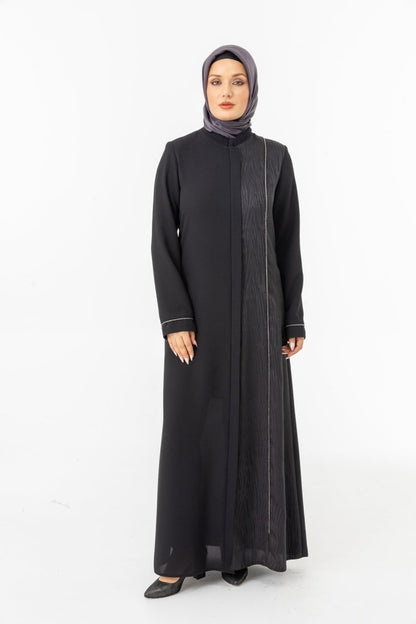 Black Single - Sided Jacquard Mandarin Collar Hidden Zipper Modest Abaya ZRNY 5505 - 25 - ihvan