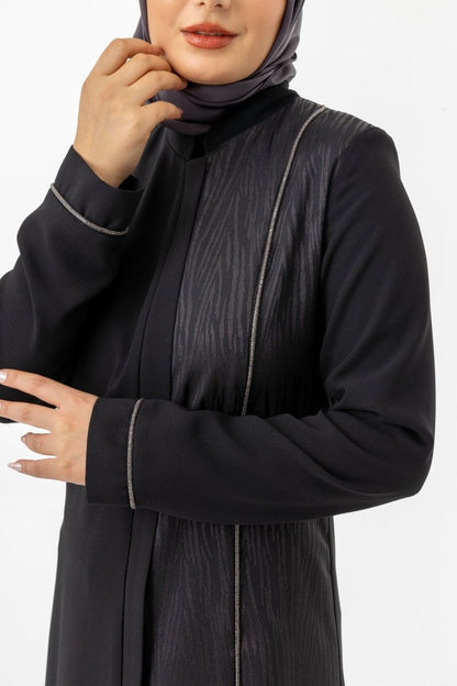Black Single - Sided Jacquard Mandarin Collar Hidden Zipper Modest Abaya ZRNY 5505 - 25 - ihvan