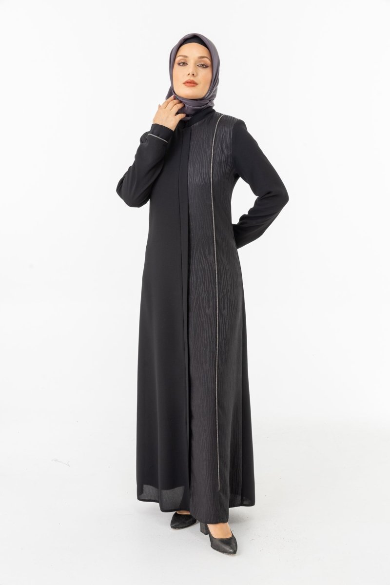 Black Single - Sided Jacquard Mandarin Collar Hidden Zipper Modest Abaya ZRNY 5505 - 25 - ihvan